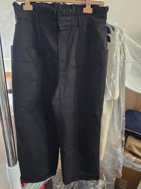Zara Cotton Paperbag Black Elastic-Waist Utility Pants Size LARGE